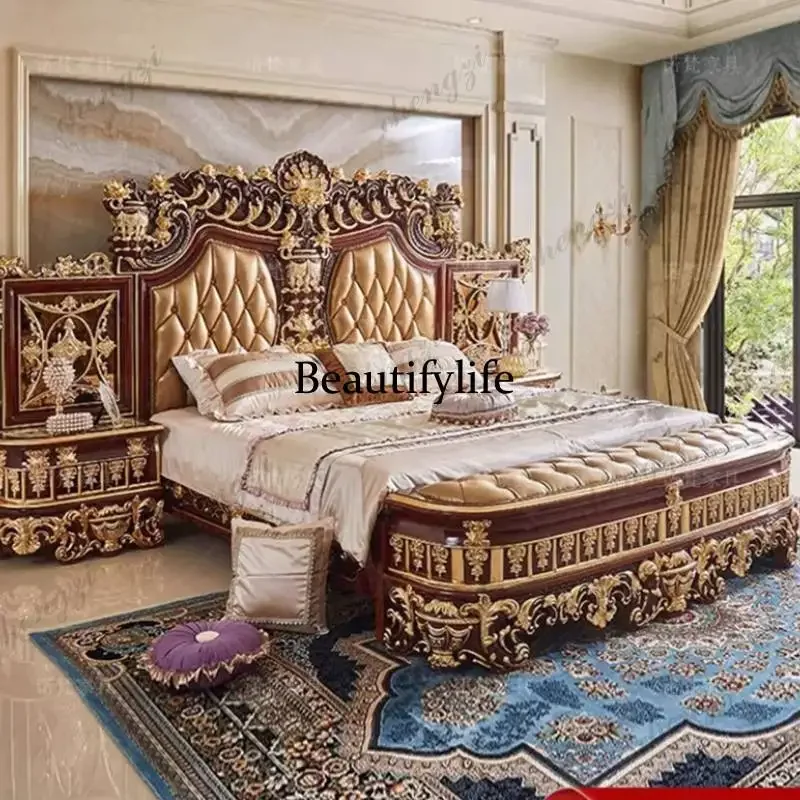 Gold Soft European Double Bed Designs Elegant Luxury Japanese European Double Bed Modern Wood Cama De Casal Bedrooms FurnitureN1