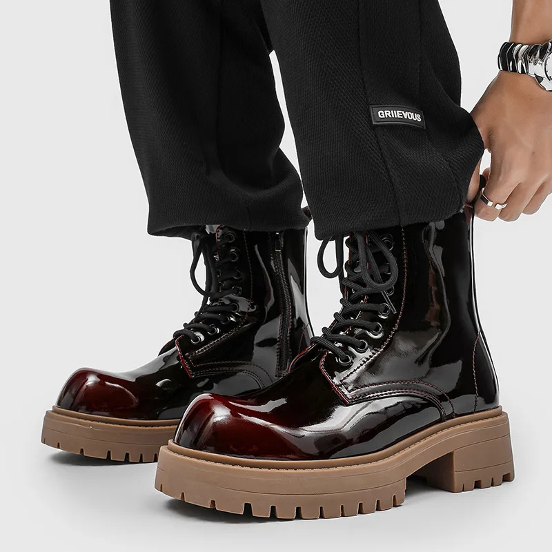 

men fashion stage nightclub platform boots patent leather shoes cowboy high motorcycle boot spring autumn cool long botas hombre