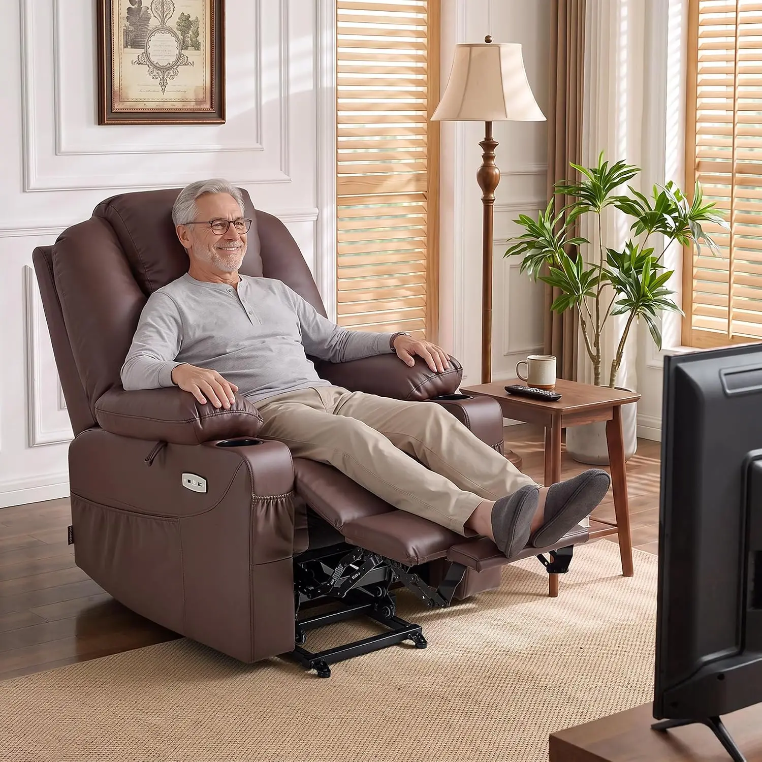 Power Lift Recliner Chair for Elderly with Heat & Massage, PU Leather, Medium Size, Light Brown, Customized