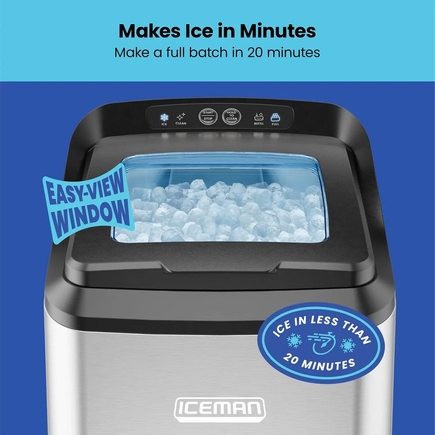 Countertop Ice Maker – Pebble size, Soft Chewable Pellets in 20 Min, 26Lbs/24H, 3lbCapacity, Waterline-Compatible, Self-Cleaning