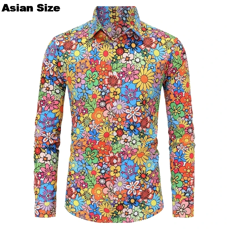 2025 nuevo traje Vintage de flores de Hip Hop de los años 80 para hombre, camisa de manga larga con estampado Vintage, disfraz de fiesta Disco para Festival, Carnaval, Tops