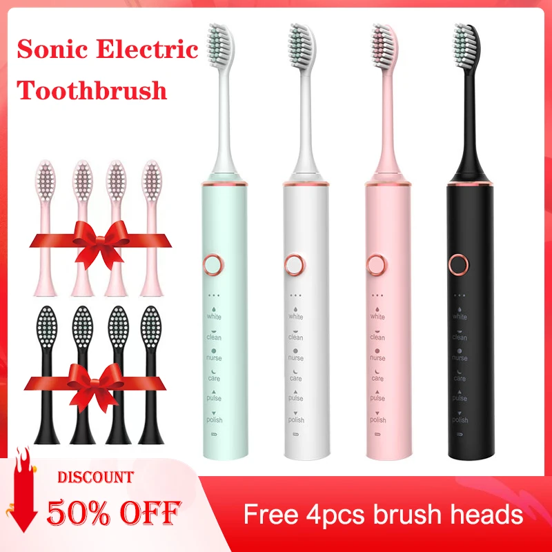 Sonic Electric Toothbrush USB Fast Charging Toothbrush Smart Timer Rechargeable Tooth Brushes Replacement Heads Set For Adult