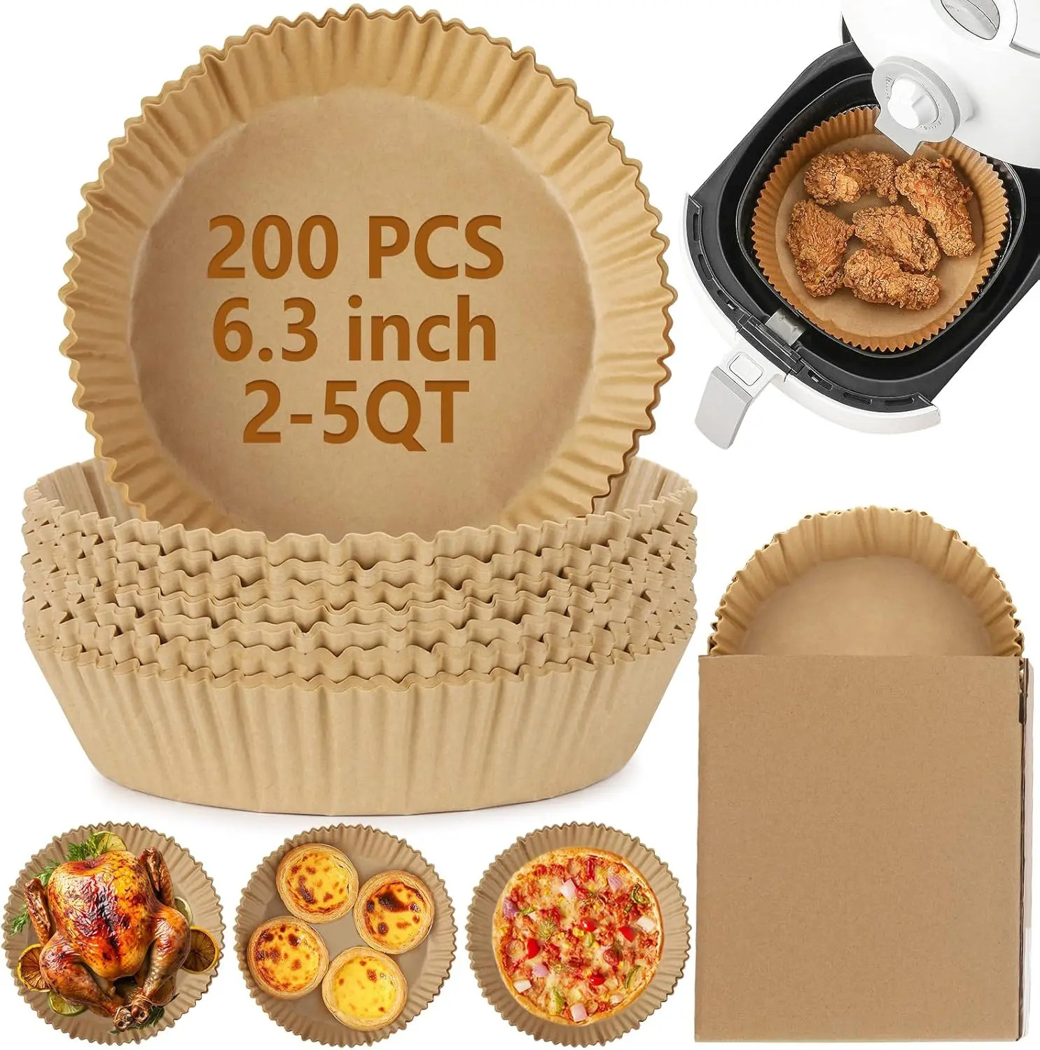 200Pcs Air Fryer Disposable Paper Liners, 6.3 Inch Round Non-Stick Parchment Paper for Baking, Roasting, Microwave