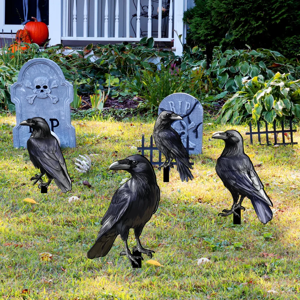 Halloween Crow Bloody Hand Metal Garden Stake, Spooky Iron Yard Insert for Party Decor, Outdoor Lawn Ornament Set