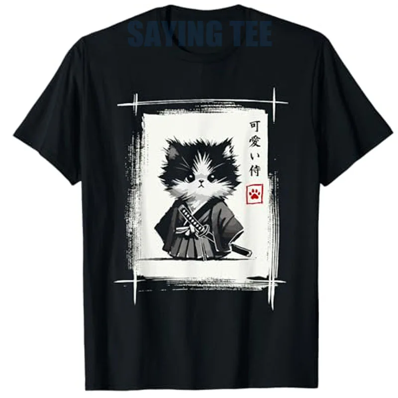 

Samurai Cat Japanese Art Sumi-e Novelty Kawaii Funny Cat T-Shirt Cute Kitten Anime Cartoon Streetwear Clothes Y2k Saying Tee Top