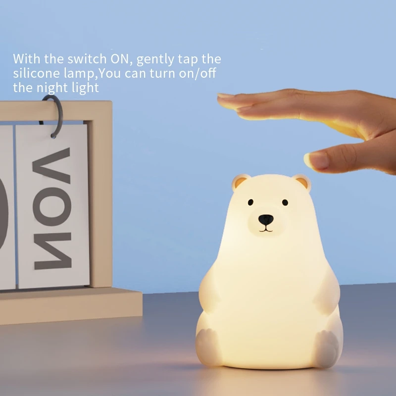 Polar bear Night Light, cartoon Ornament Bedroom Bedside Companion Sleep Eye Protection Light, Three Level Dimming Pat Light