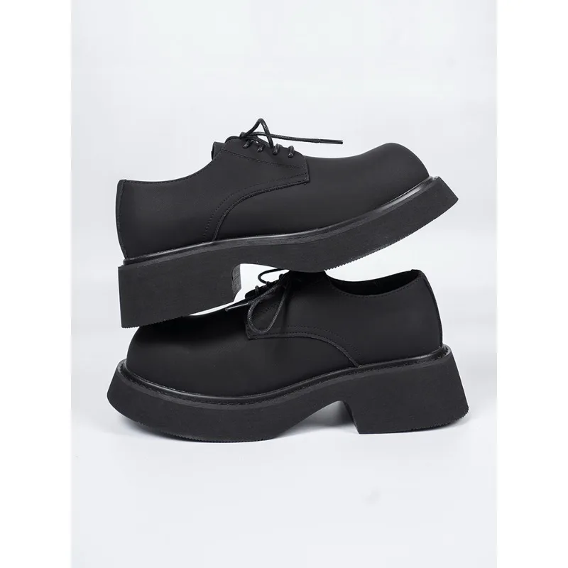 Mickey Big Toe Thick Soled Men Derby Shoes Matte Black Casual Height Increasing Small Personality Fashionable Couple Shoes