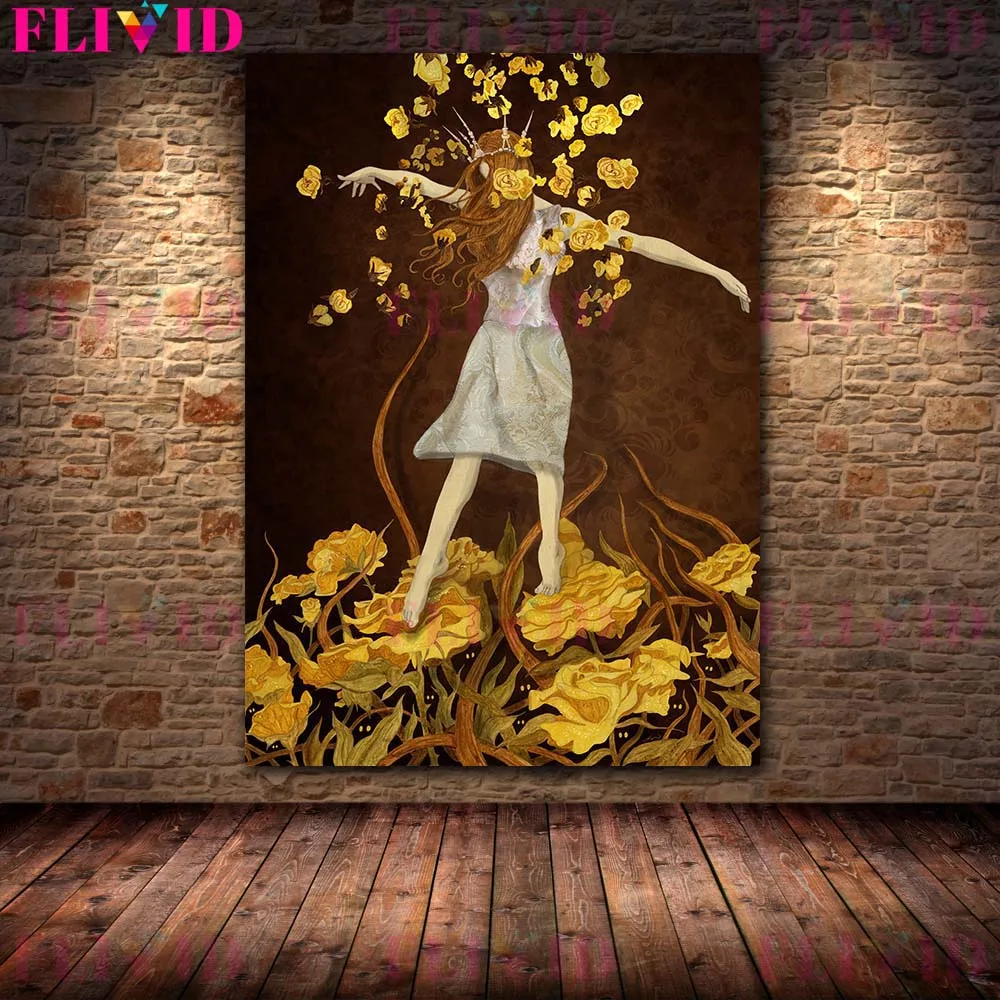 حكايات الساحرات خمر الرسم على لوحات القماش الجدارية الساحرات والورود الصفراء الرجعية المشارك والطباعة لغرفة المعيشة الديكور #2