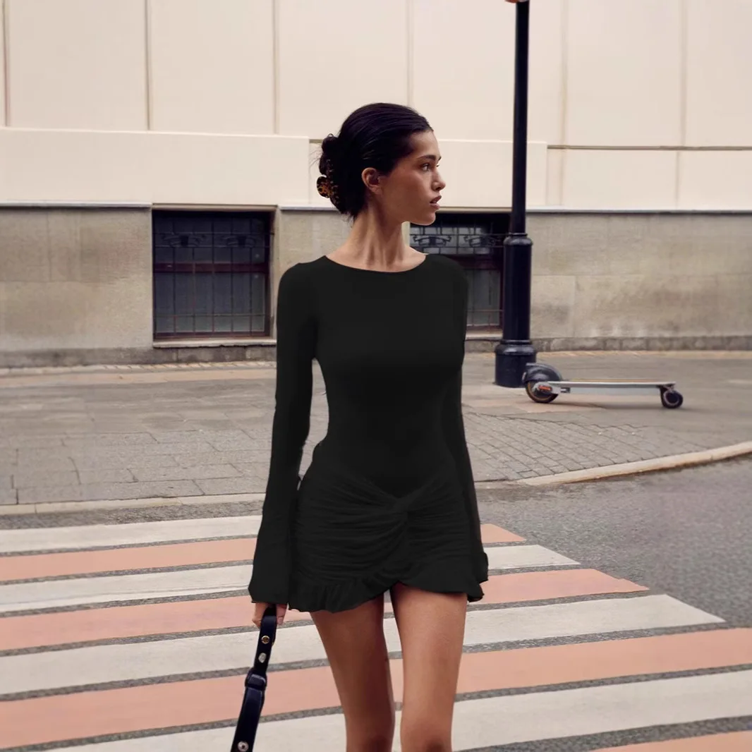 

2026 New Shrinkled Lotus Leaf Lace Design Tight Pullover Long Sleeve Irregular Dress