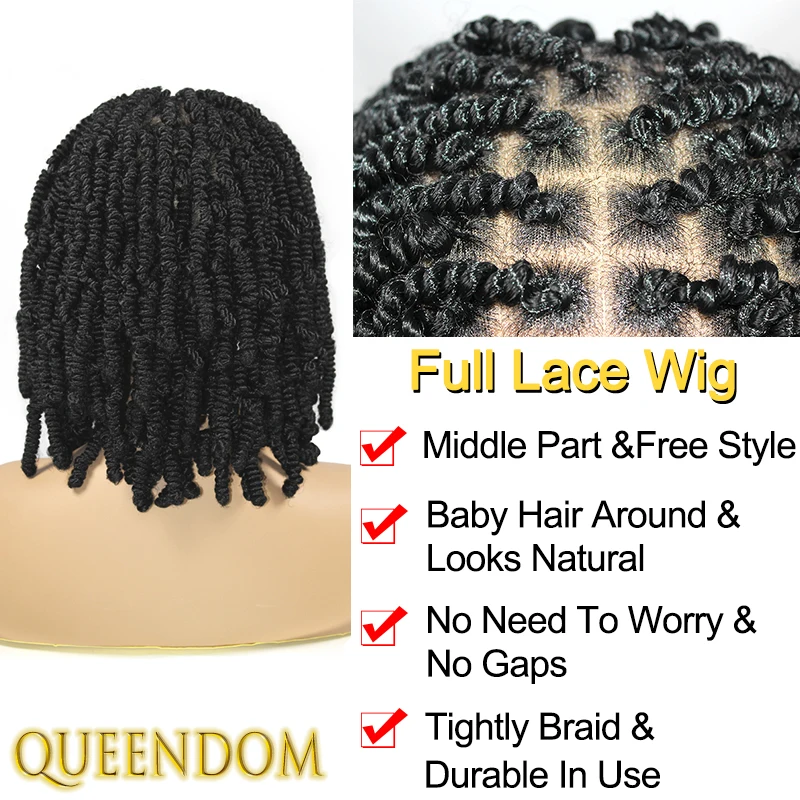 Synthetische 12 inch korte bob vlecht pruik volledige kant faux locs gehaakte doos gevlochten pruik natuurlijke lente afro twist vlechten dreadlock pruik