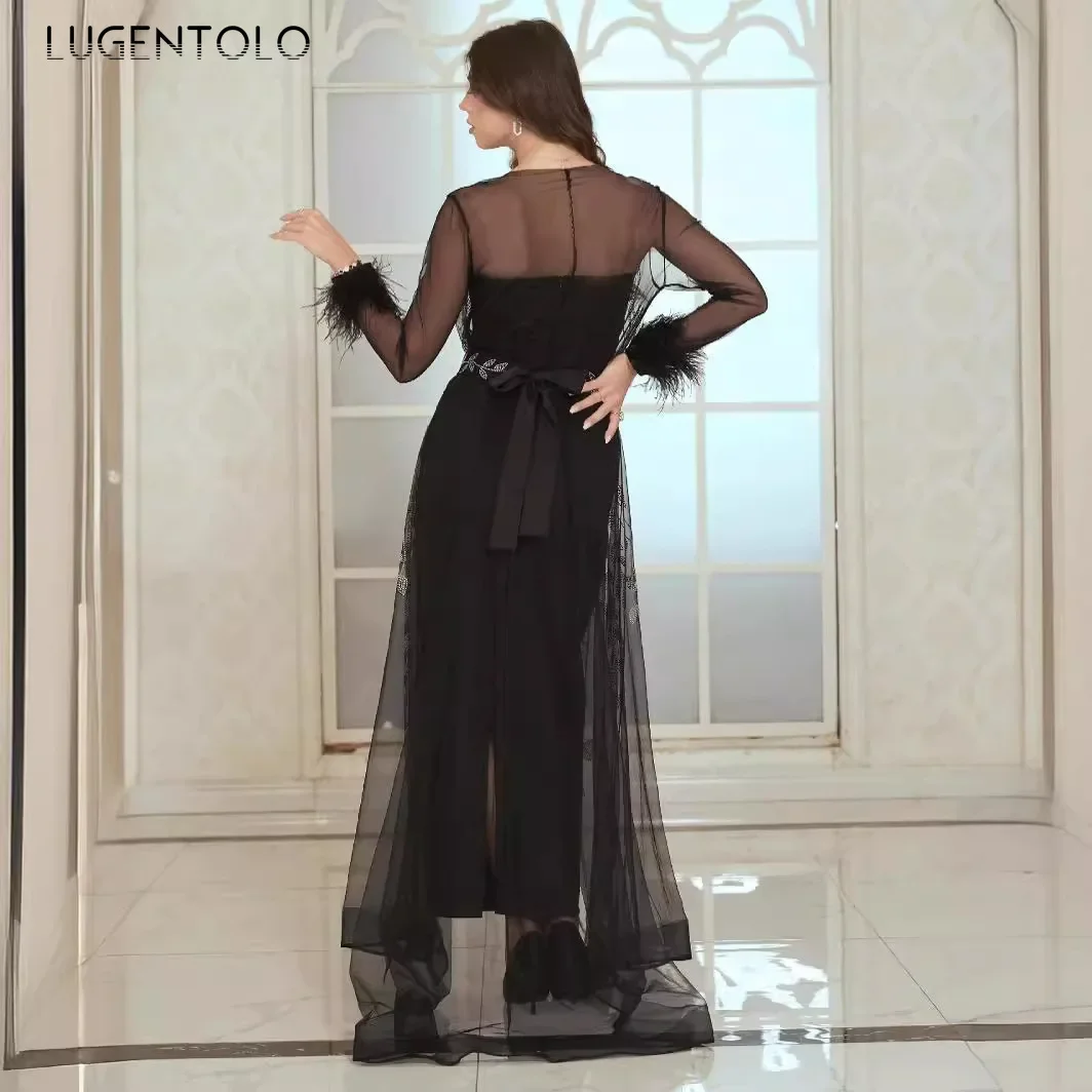 Abito da donna in caftano con diamanti caldi Set elegante da festa in maglia di alta qualità Prospettiva sexy Manica lunga Lady Lace-up Panno per