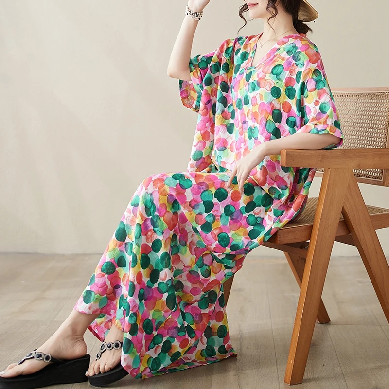 

Summer V-Ne Cotton Lin Loose Long Beach Skirt Women's Retro Floral Print Holiday Sle Loose Fit A-Line Dr for plus Size