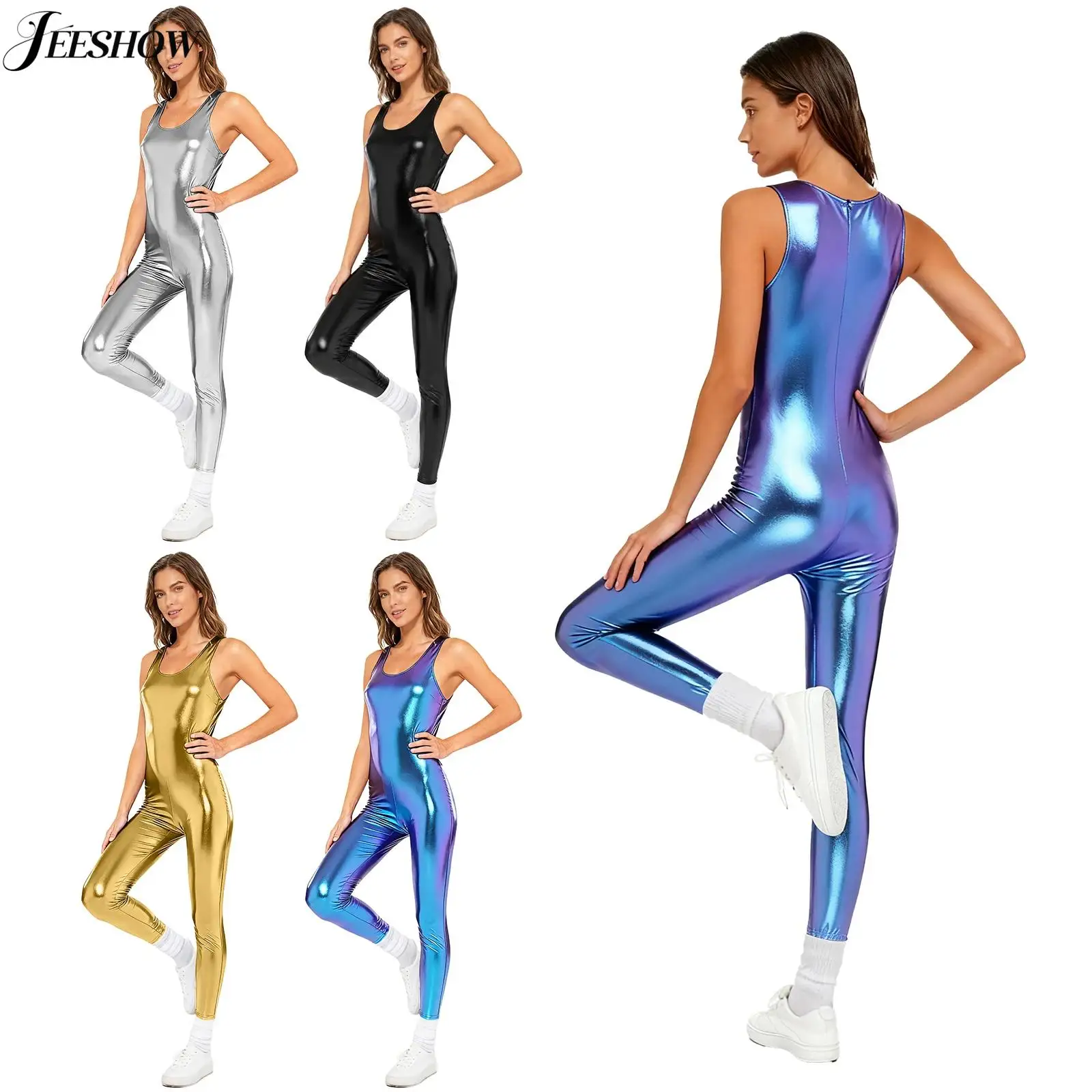 Womens Shiny Metallic Unitard Gymnastics Leotard Crew Neck Sleeveless Back Zipper Slim Fit Jumpsuit for Yoga Club Dance Party
