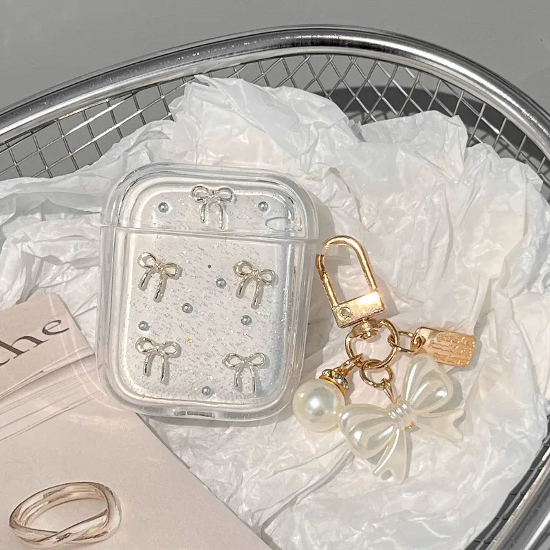 Custodia protettiva morbida per AirPods trasparente con fiocco carino e ciondolo per AirPods 1/2/3/4 Pro/Pro 2/Pro 3