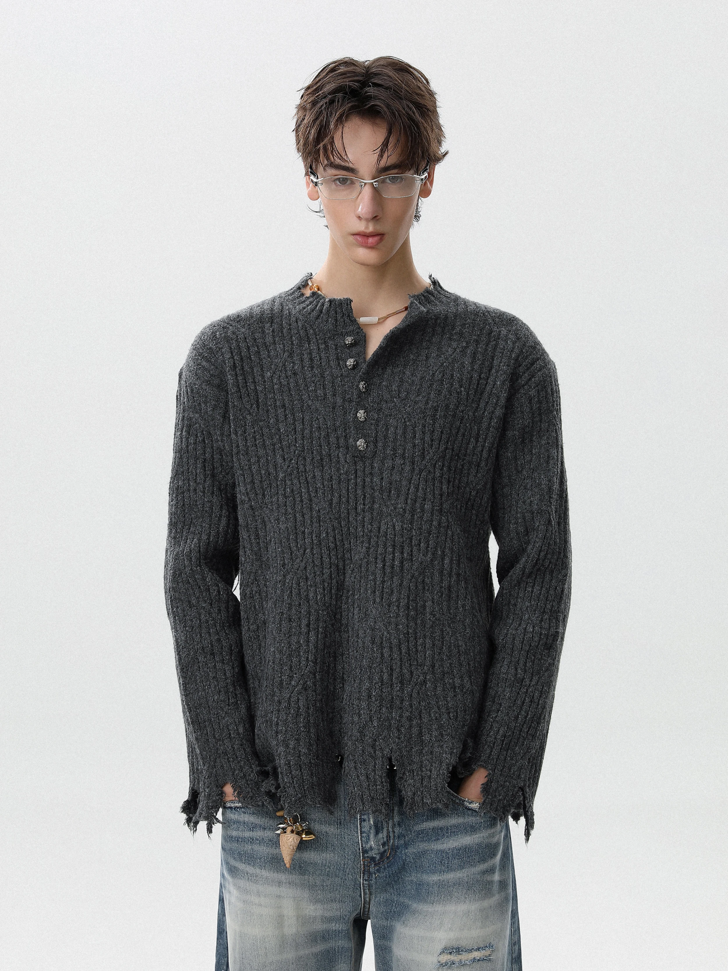American Style Men's Knitted Sweater Henry Collar Destroyed Casual Loose Fit Long Sleeve Warm Soft Fabric Autumn Winter Fashion