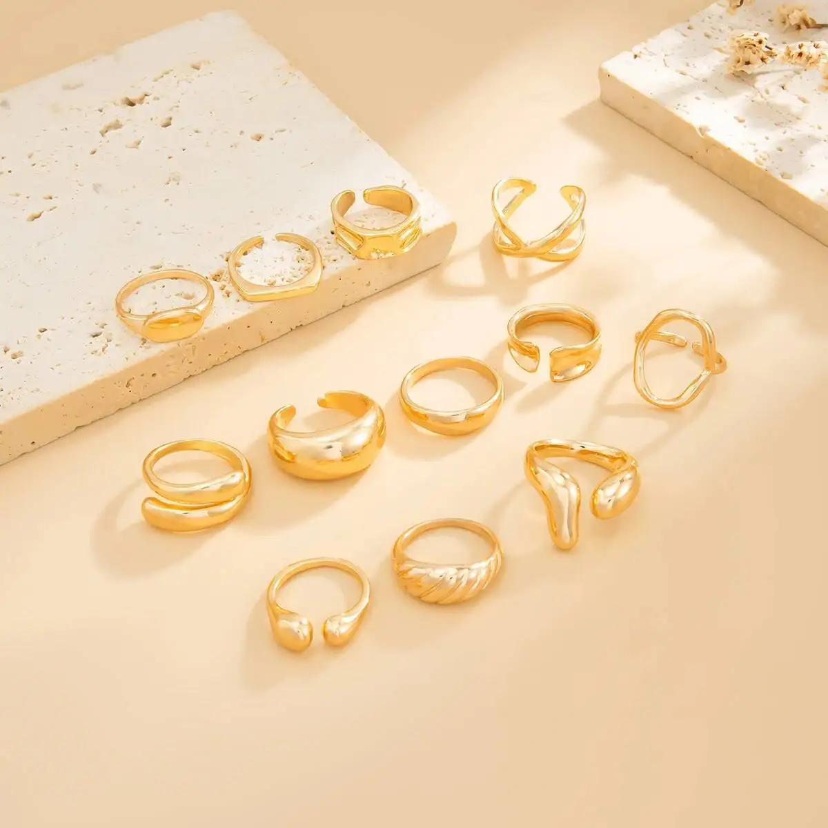 

Ingemark 12Pcs/Set Punk Geometric Gold Color Metal Open Ring for Women Vintage Irregular Finger Joint Ring Party Fashion Jewelry