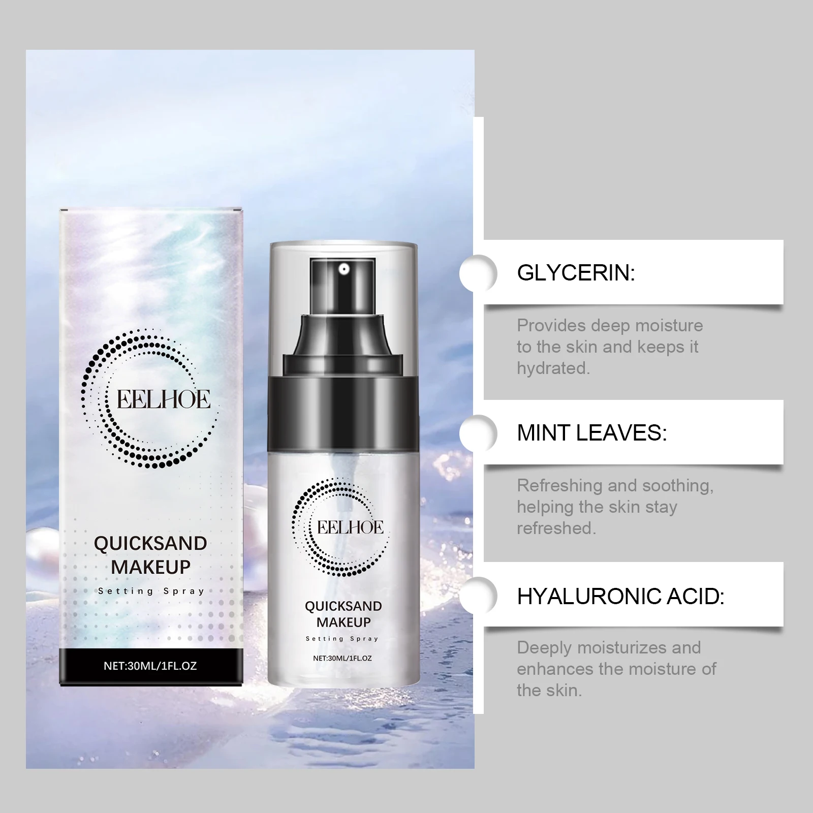 EELHOE 30ml Make-up Setting Spray Blijvend Hydraterend Anti-droogheid Quick Fixer Natuurlijke afwerking Verfrissen Make-up Slot voor alle huid