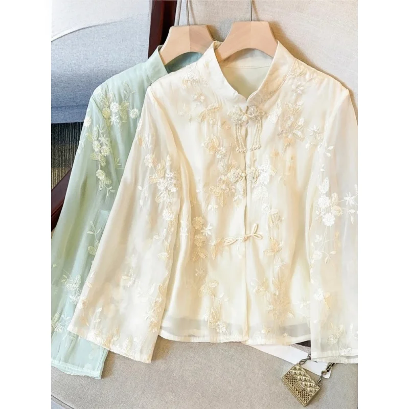 

Autumn Fashion Chinese Style Embroidery Women Shirt Blouse Ladies Tops Blusas Mujer De Moda Verano Stand Collar Women Shirts