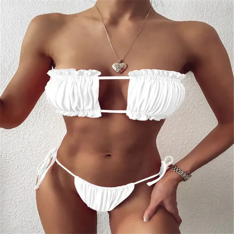 Bañador plisado para mujer, conjunto de Bikini con Tanga, ropa de playa, traje de baño Sexy