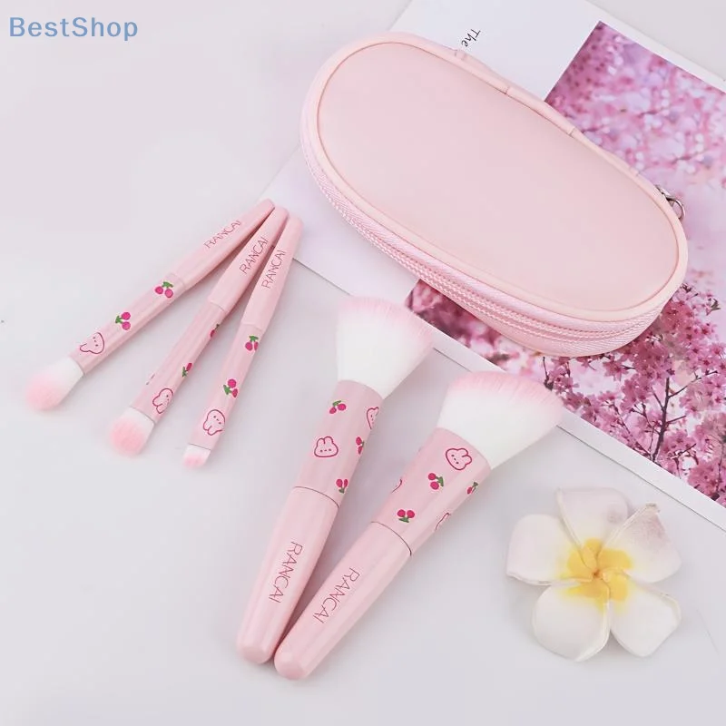 (●'◡'●)%(●'◡'●)5-piece Mini Pink Makeup Brush Set With Makeup Bag,Suitable For Flawless Foundation, Blush, Eyeshadow