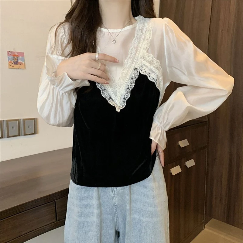 Spring Autumn Round Neck Fake Two Piece Lace Patchwork Korean Style Shirt Ladies Sweet Loose All-match Pullover Top Women Blouse