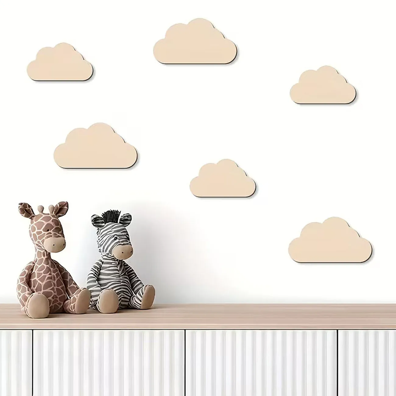 6Pcs Beige Wooden Cloud Wall Decor for Kids Room, Minimalist Nursery Art with Nano Tape,2D Wooden