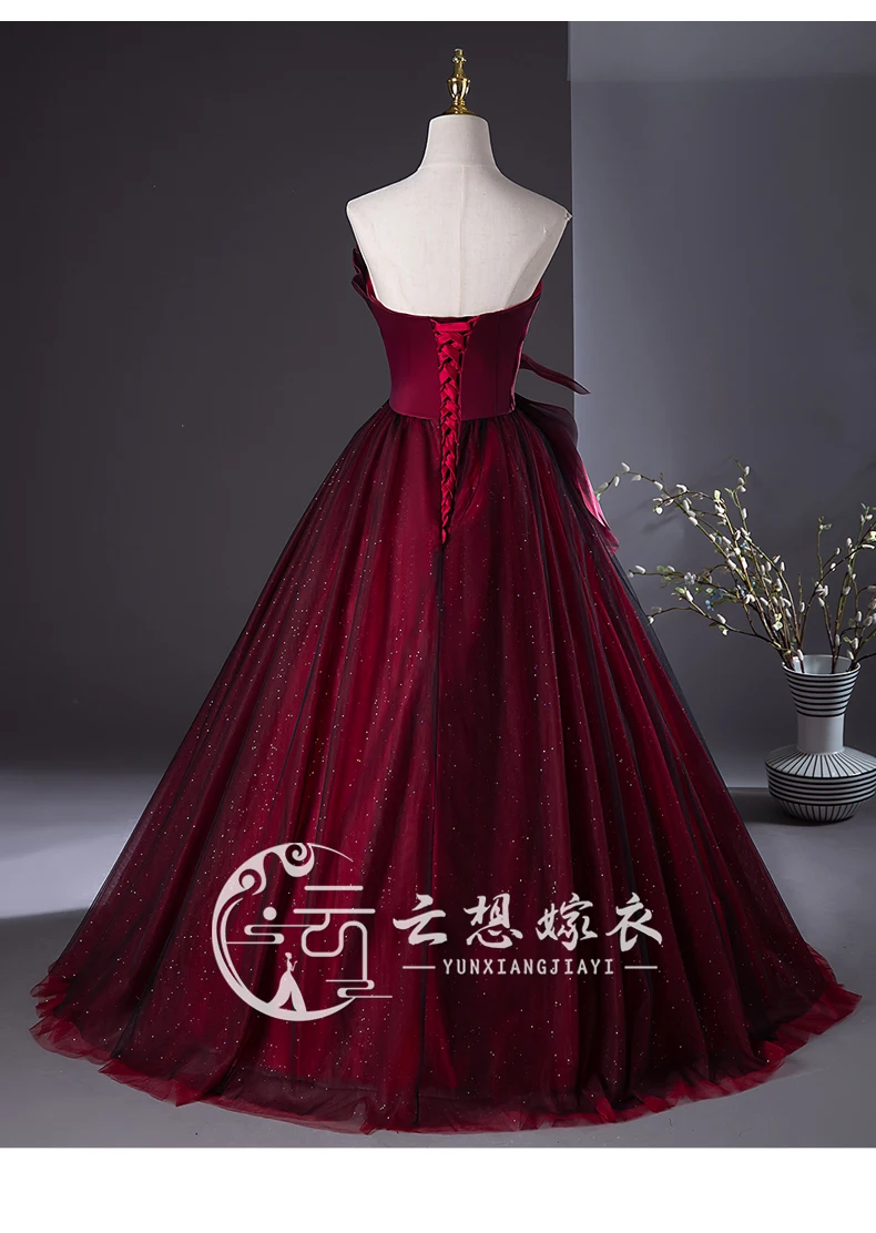 wine red black veil ball gown pleated off shoulder court medieval dress renaissance Gown queen Victorian /Marie/drama/