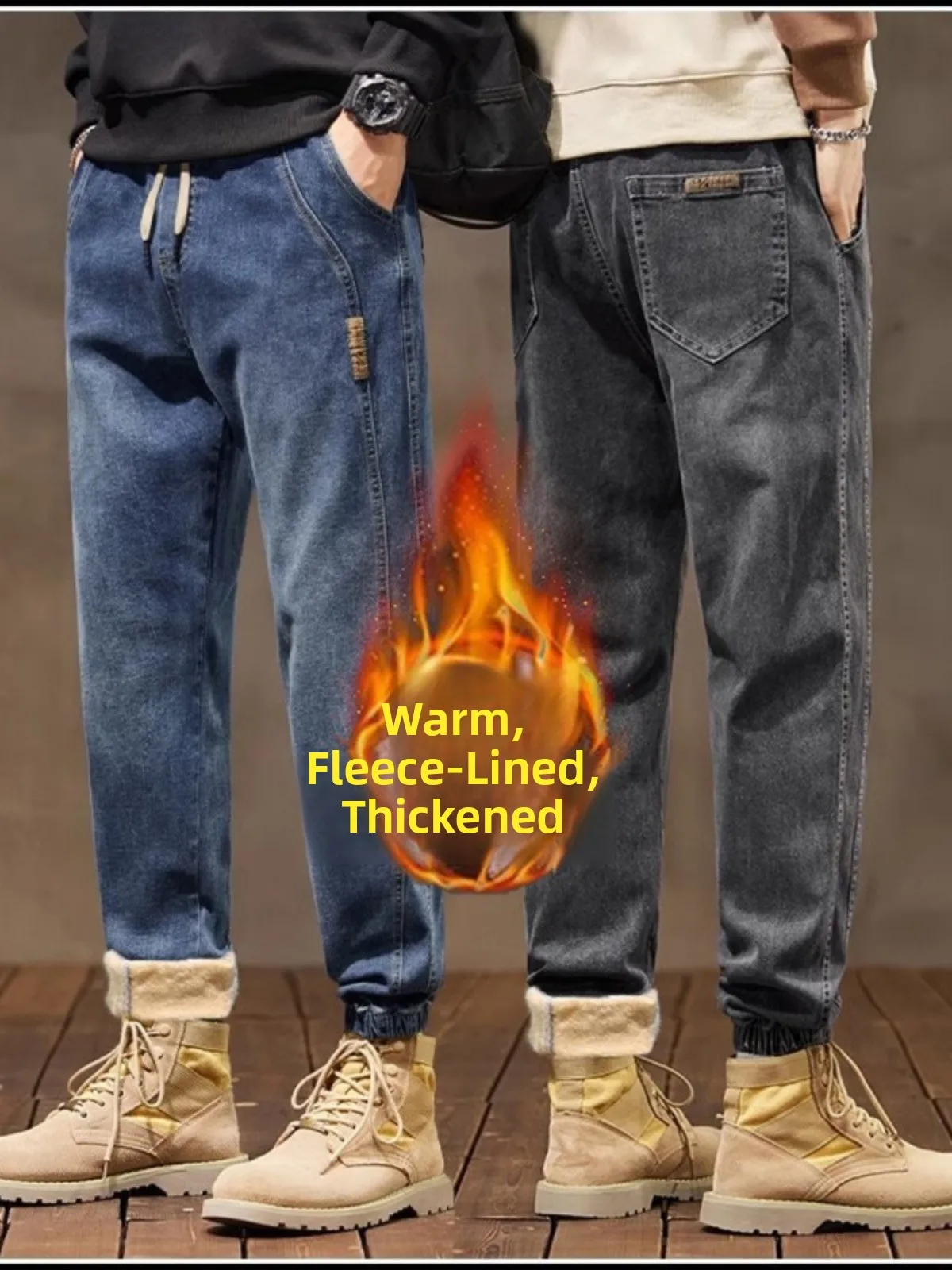 Men's Fce Lined Thi Denim Jeans Casual Warm Winter Harem Sle Long Trousers Dstring Waist Japanese Retro Sle