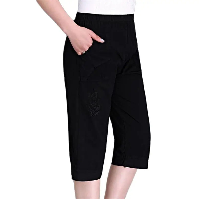 Woman Spring Hot Sale 100% Cotton Pants Female Summer Thin Trousers Women Elastic Waist Capris Lady Knee Length