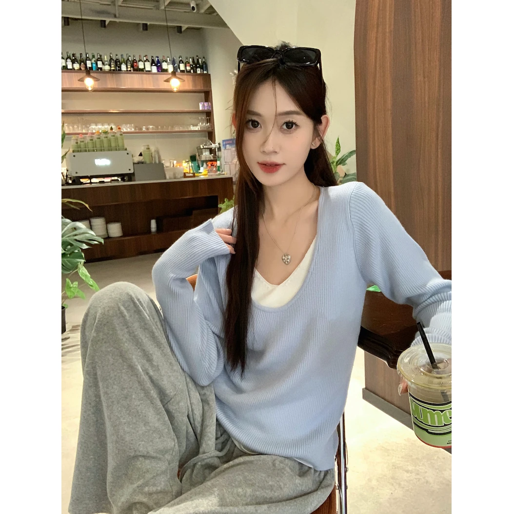 

Свободный вязаный топ с V-образным вырезом и длинными рукавами для женщин, осенний, в стиле колор-блок, модный, повседневный, мягкий, из полиэфирного волокна