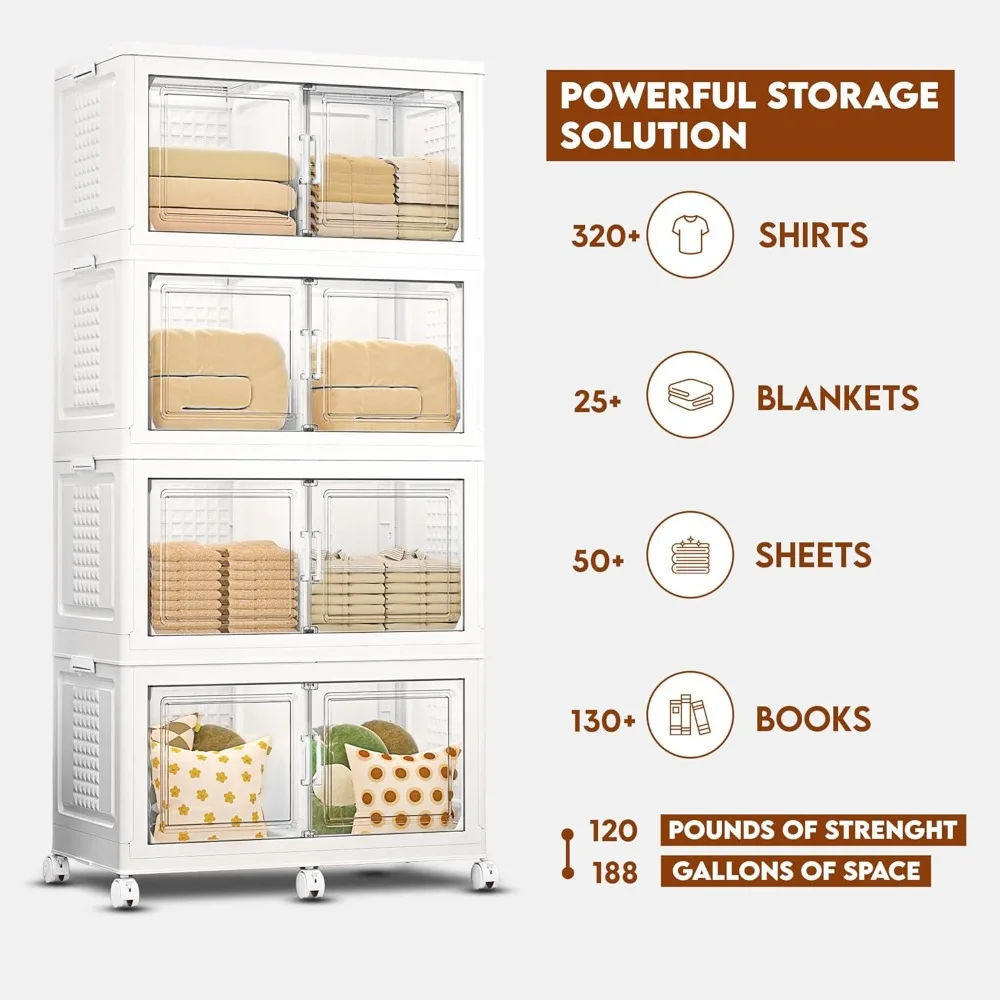 Bacs de rangement empilables avec couvercles et portes, capacité de 752 litres, stockage de 188 gallons, lumières à capteur de mouvement, grand contrôle pliable