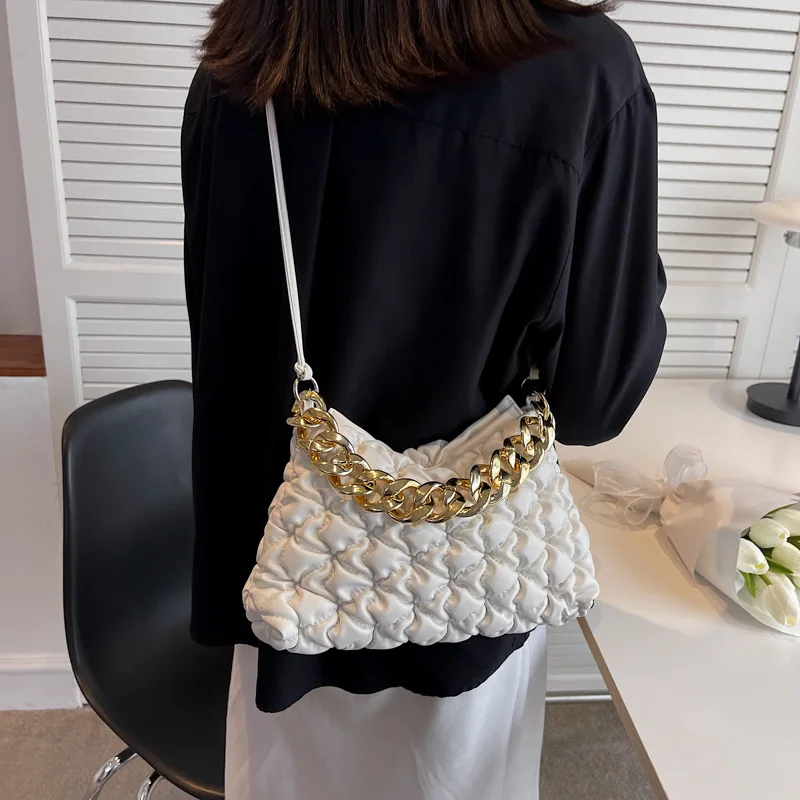 Fashion Pleated Crossbody Bags For Women Chain Decoration Lady Shoulder Bag Pu Leather Plaid Handbags Female Cross Body