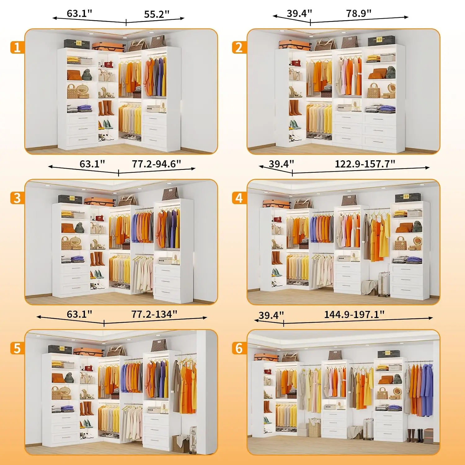 Corner Closet System 6.5-16FT L-Shaped Modular Walk-in Organizer with 6 Drawers & 11 Shelves & 6 Hanging Rods, White, Customized