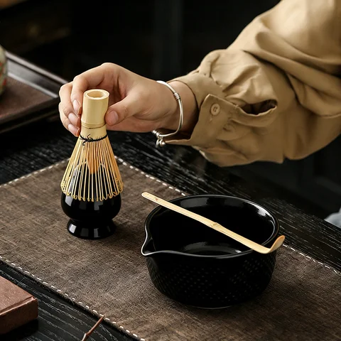 Black Traditional Bamboo Ceramic Japanese Matcha Tea Set Reusable Food Grade Matcha Stirring Brush Safe Matcha Whisk