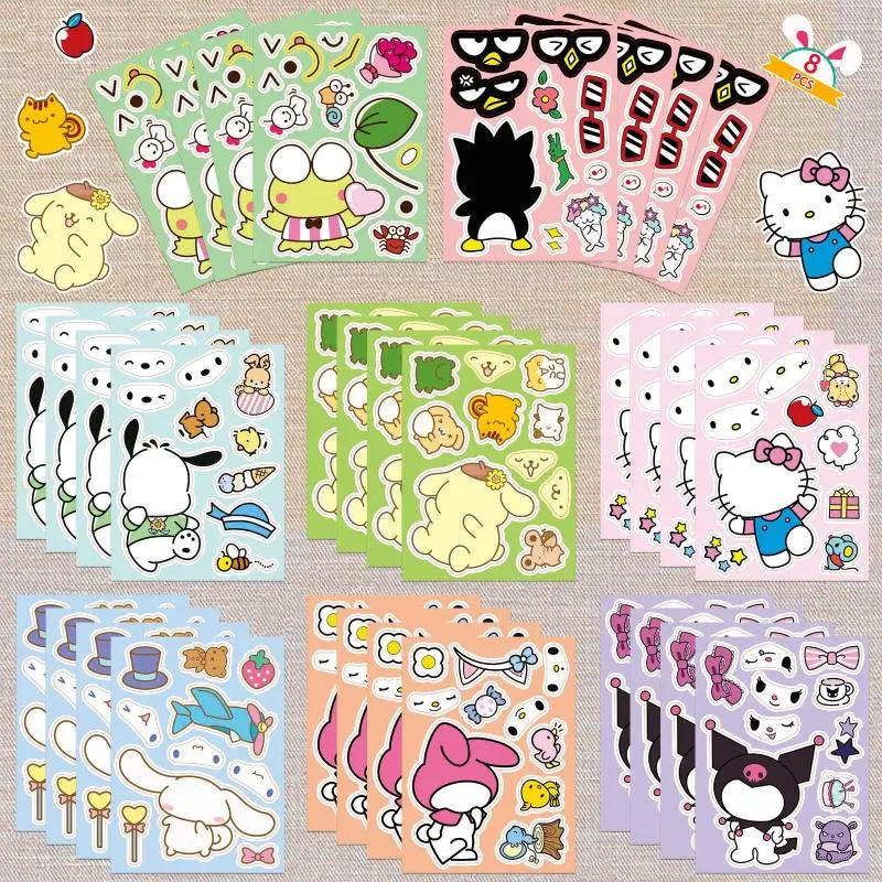 Kawaii Sanrio Puzzle Stickers Hello Kitty Cinnamoroll Kuromi Cartoon Diy Change Expressions Stickers Luggage Decoration Toy Gift