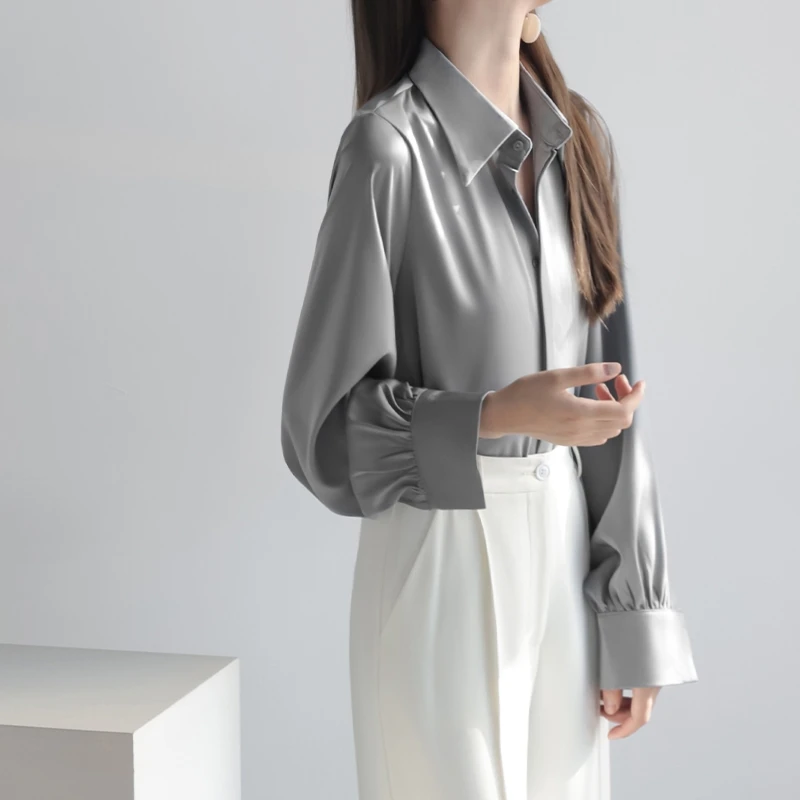 High Quality Office Lady Solid Blouse Women Silk Satin Soft 2022 New Spring Summer Loose Long Sleeve  All Match Top Shirts