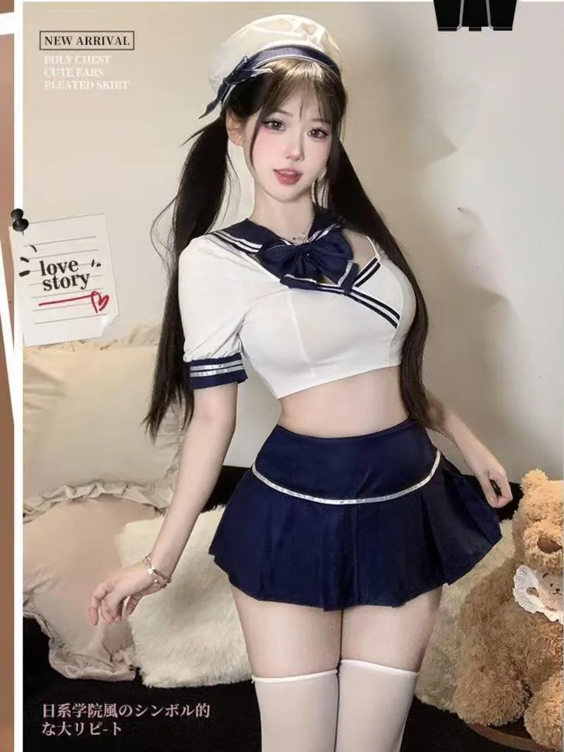 

New JK Sexy Temptation Stewardess Sailor Suit Flirting Hot Passion Uniform Two Piece Skirt Set Maid Fashion Women T Shirt K3HK