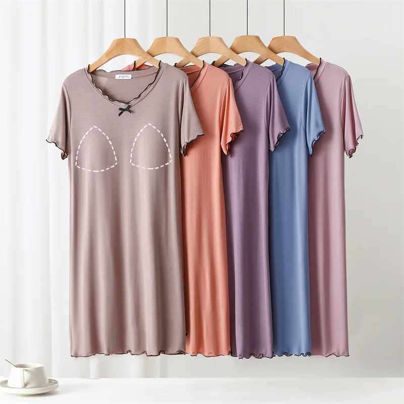 Vestido de dormir acolchado con sujetador de Modal, ropa de casa de verano de manga corta para mujer con sujetador de color sólido, ropa de casa de talla grande