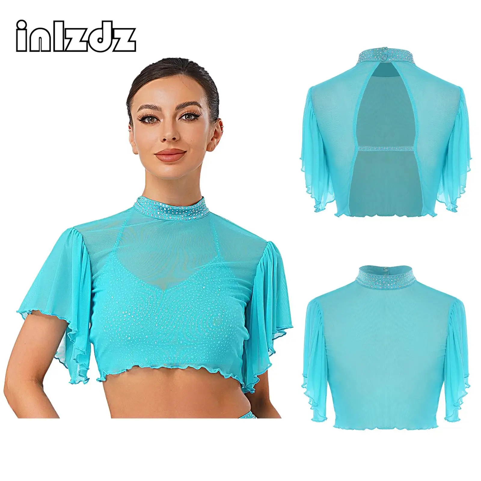 

Women Lyrical Latin Dance Crop Cardigan Shiny Rhinestone Short Sleeve Open Back Cover Up Top for Ballet Modern Dance Stage Show