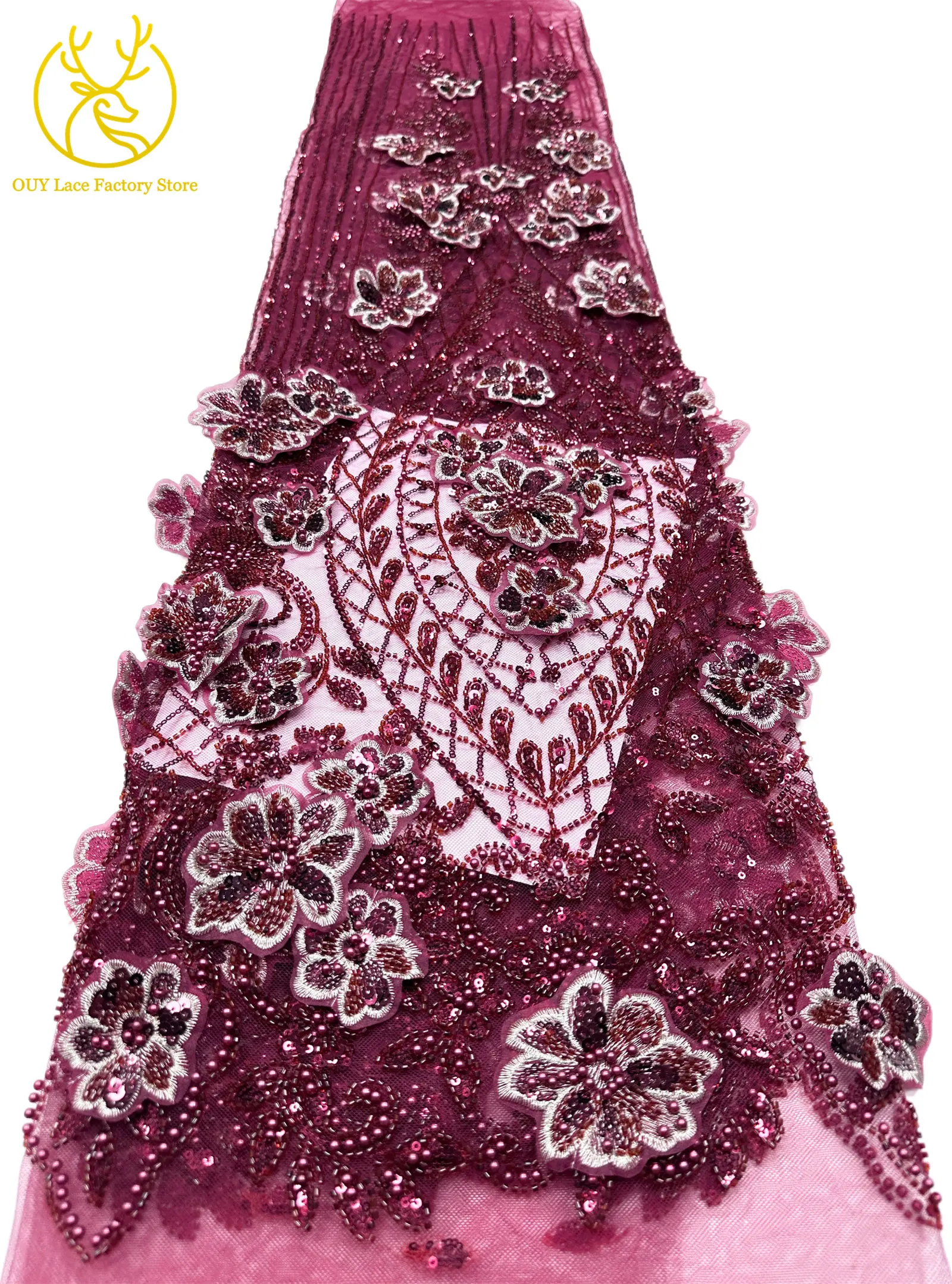 3D-Stickerei Blumen Französische Pailletten Perlenbesetzter Spitzenstoff aus Polyester 2026 Hochwertiger Afrikanischer Spitzenstoff für Hochzeitsfeiern Tüll 5 – Detail 25