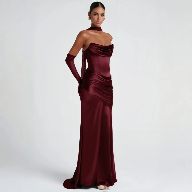 Elegant Strapless Women's Evening Dress 2026 Satin Mermaid Pleated Women Party Dress Sweep Train Ribbons Formal Gowns