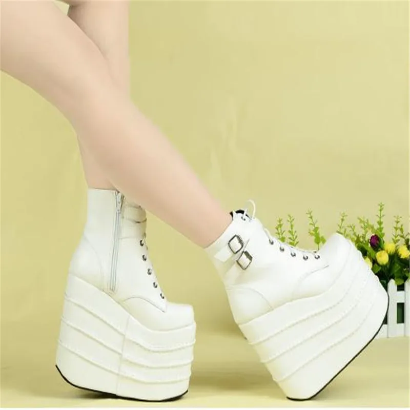 Size 35-41 Botas Mujer Plataforma Winter Womens Boots Punk Style White Wedge High Heel Boots Lace Up Wedge Platform Boots