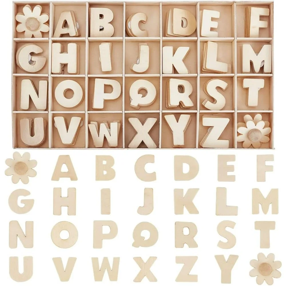 108pcs Wood Alphabet Letters 22.5~28mm Unfinished Wooden Letters Ornaments A~Z Flower Wood Pieces Small Wooden Capital Letters