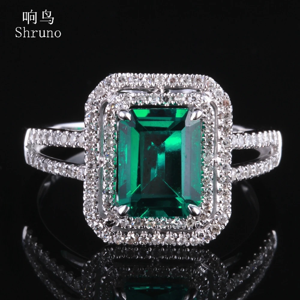 Shruno 5x7mm Cushion Treated Emerald Solid 14K White Gold Ring Real Diamonds Engagement Ring Setting For Women Fine Jewelry Gift