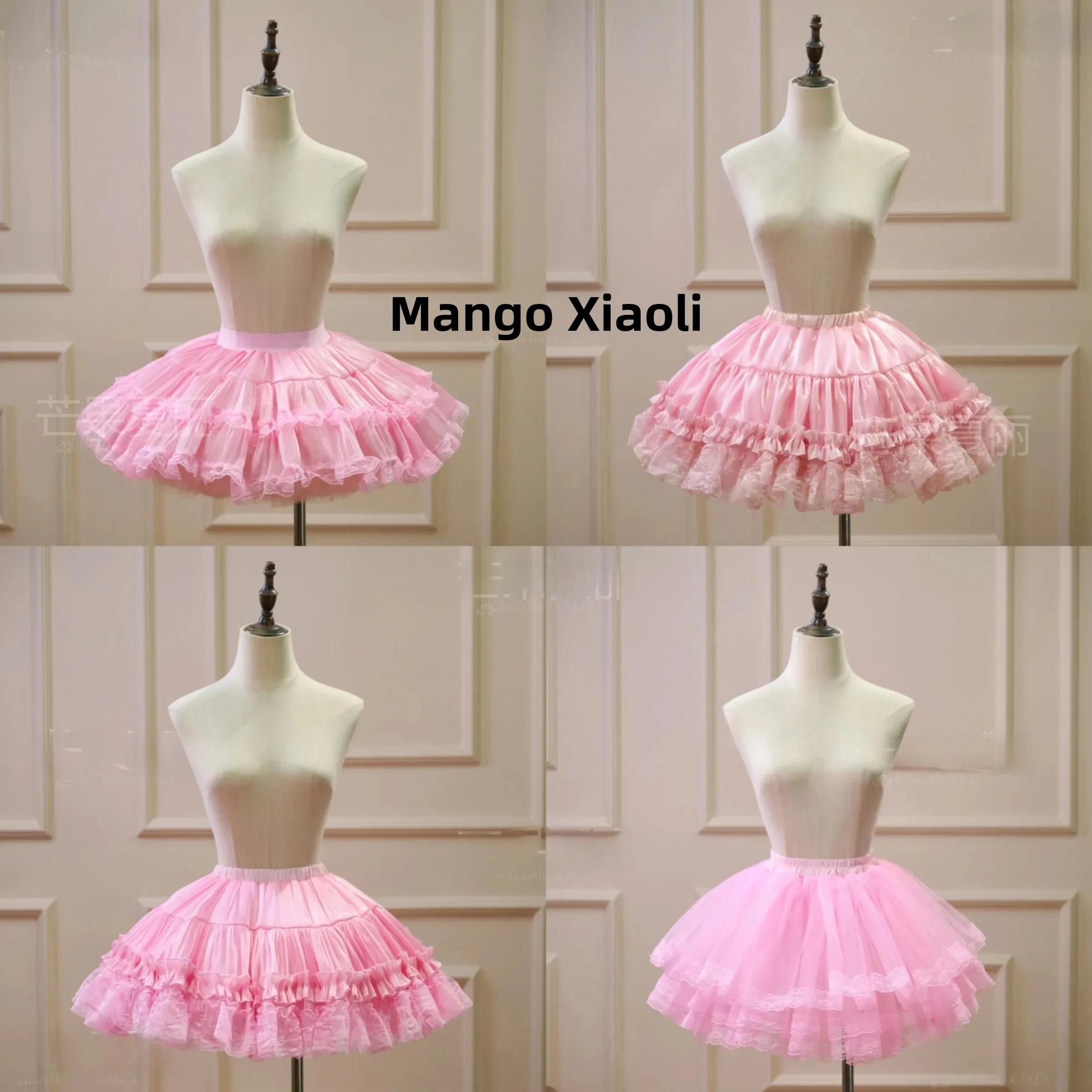 Pink Lolita Puffy Skirt Petticoat Short Lace Trimmed No-Bone Support Daily Wear Polyester Fabric Girls Students Fashion