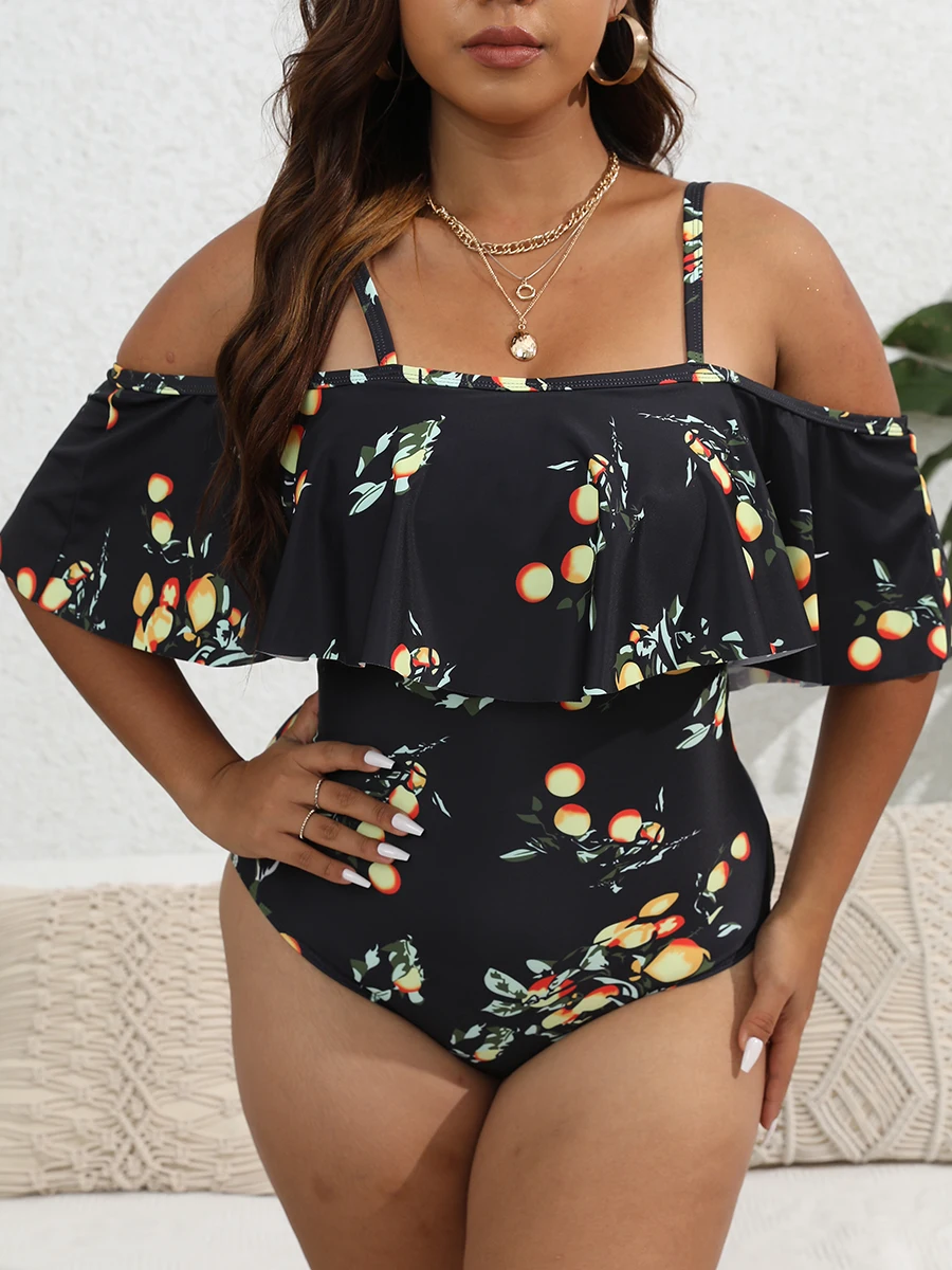 Ruffle Large Plus Size Swimsuit Women One Piece Printed Swimwear Female Bathers Bathing Swimming Swim Suit Beachwear 4XL