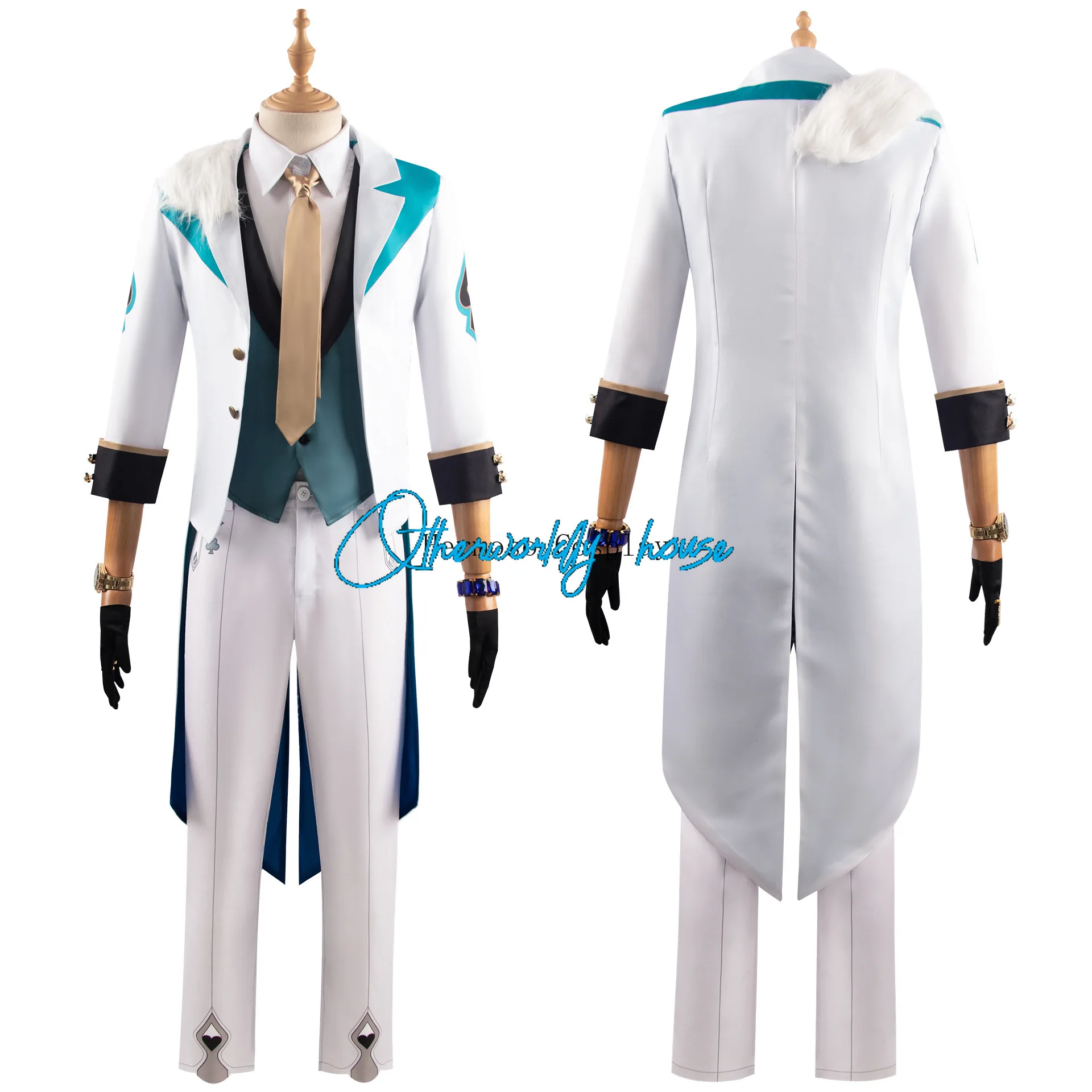 Star Rail Concert Cosplay Guitarist Aventurine Costume Uniform Wig White Suit Halloween Party Convention Outfit for Adult Men