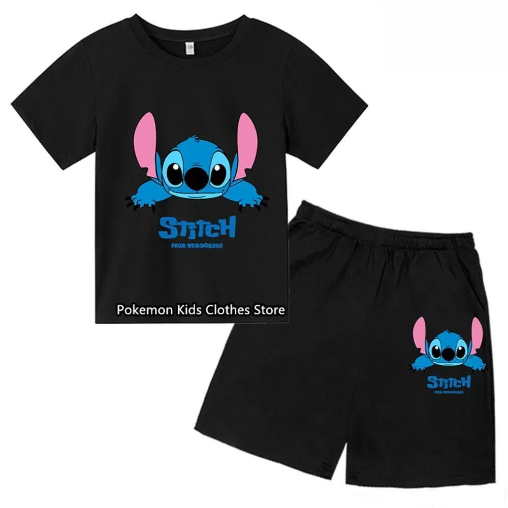 Summer Cute Stitch Children's Boy Two-piece T-shirt Set Round Neck Casual Short Sleeve Girl Short Sleeve Shorts