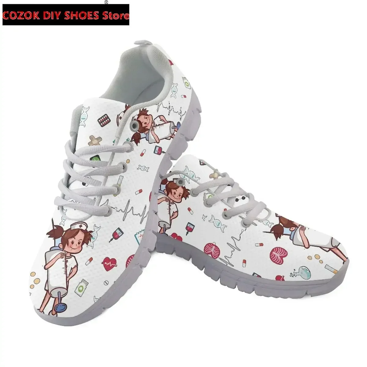 Women Lace Up Nurse Shoes Syringe Medical Heartbeat Pattern Female Casual Mesh Flats Sneaker Girls Zapatillas Mujer