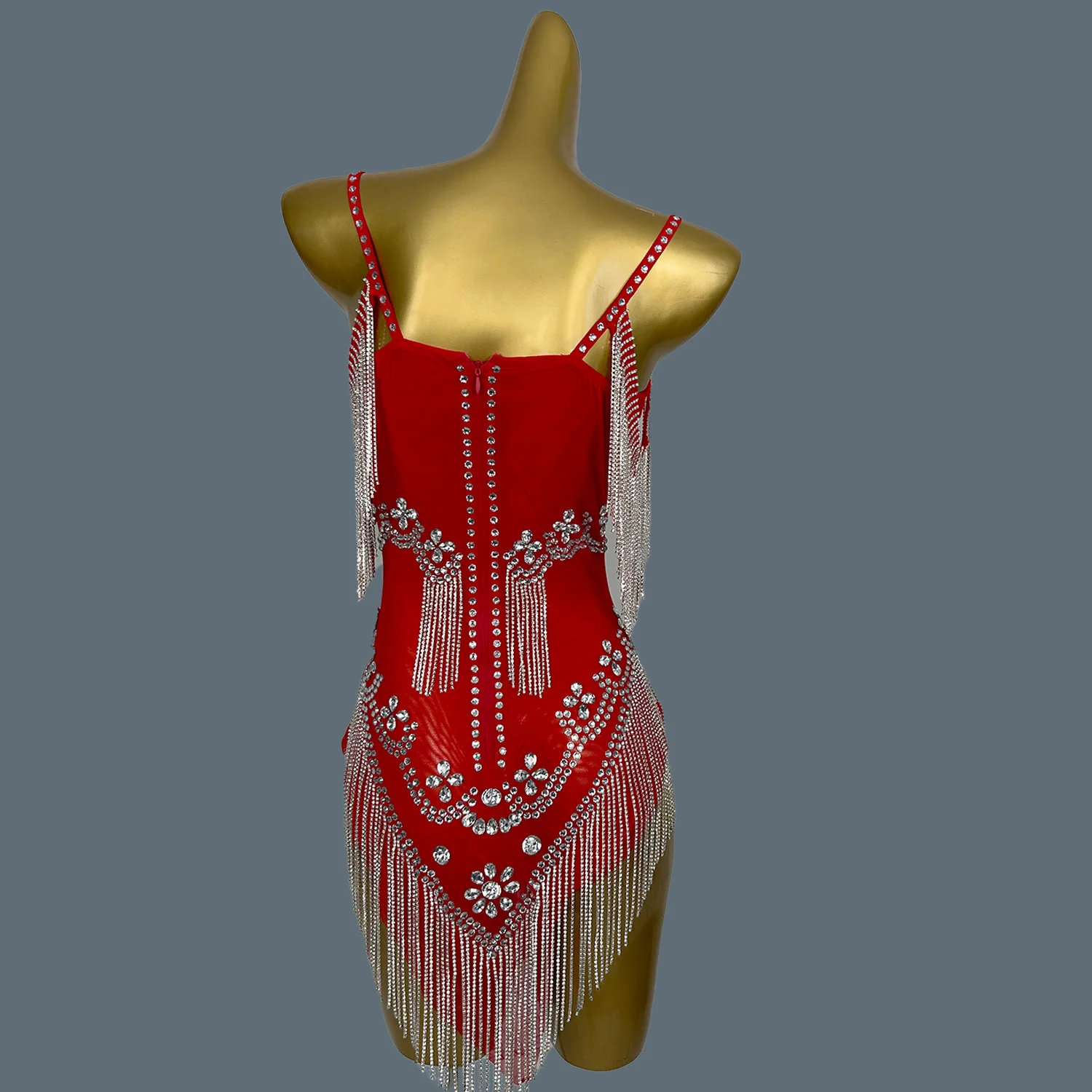 

Sexy Luxury Seductive Red Rhinestones Tassel Mesh Dress Ladies Birthday Party Feast Celebrate Evening Prom Gowns Yelian